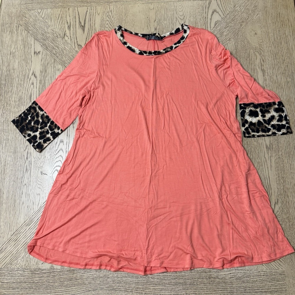 Rosa Lee Large Coral Cheetah Trim Tunic Top Mini Dress